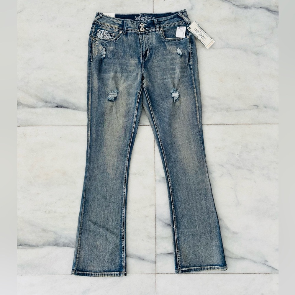 Y2K Revolt Jeans Bootcut Mid Rise Rhinestone Fleur De Lis Denim Women 10 NWT